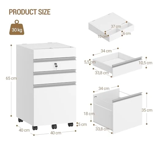 Hzuaneri Rollcontainer 40 x 40 x 70 cm 3 Schubladen abschließbar weiß
