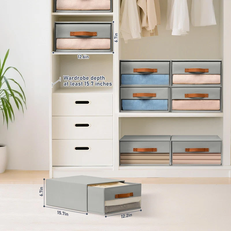 DIMJ Schubladen Ordnungssystem Schubladenboxen - 4er Set Aufbewahrungsbox Faltboxen mit Fenster 40 x 32 x 17 cm Organizer Schublade, Kleiderschrank Organizer für Schrank, Grau