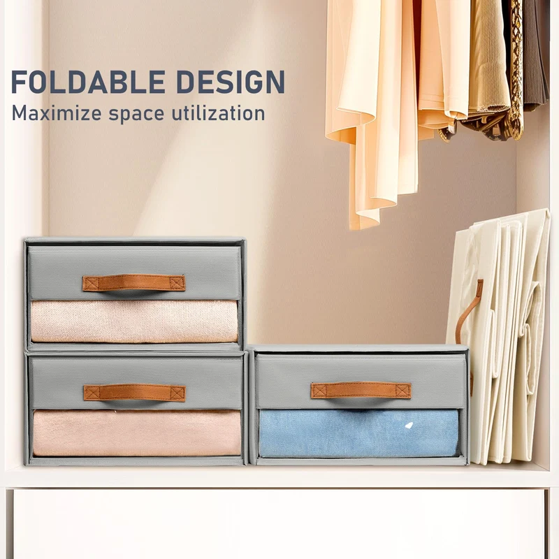DIMJ Schubladen Ordnungssystem Schubladenboxen - 4er Set Aufbewahrungsbox Faltboxen mit Fenster 40 x 32 x 17 cm Organizer Schublade, Kleiderschrank Organizer für Schrank, Grau