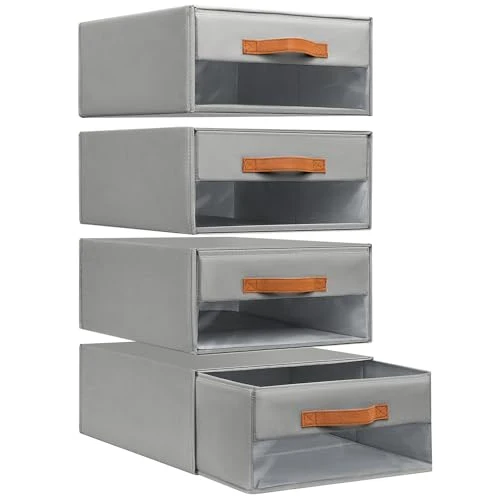 DIMJ Schubladen Ordnungssystem Schubladenboxen - 4er Set Aufbewahrungsbox Faltboxen mit Fenster 40 x 32 x 17 cm Organizer Schublade, Kleiderschrank Organizer für Schrank, Grau