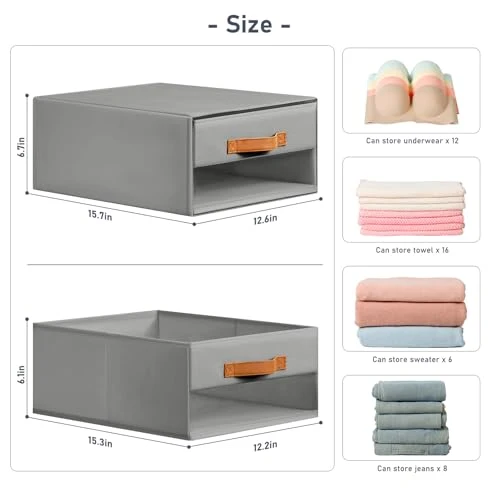 DIMJ Schubladen Ordnungssystem Schubladenboxen - 4er Set Aufbewahrungsbox Faltboxen mit Fenster 40 x 32 x 17 cm Organizer Schublade, Kleiderschrank Organizer für Schrank, Grau