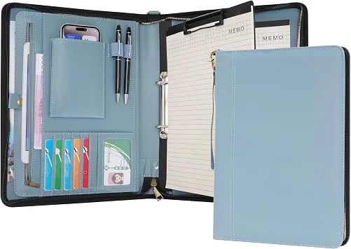 Wason A4 Reißverschluss Kunstleder Schreibmappen Padfolio mit abnehmbarem Ringbinder Portfolio und Schreibblock-Halter, Konferenzmappe mit Mehrfachtaschen für Büro Reise Schule (Nebelblau)