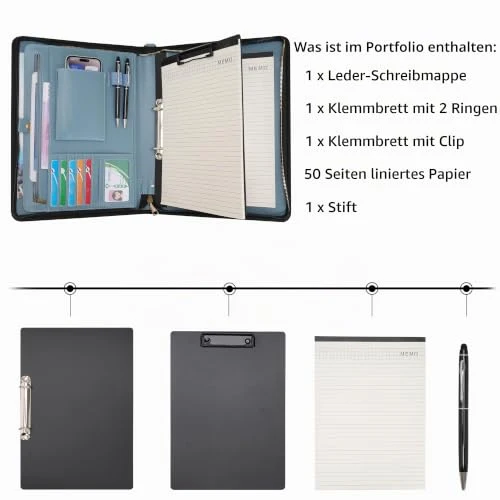 Wason A4 Reißverschluss Kunstleder Schreibmappen Padfolio mit abnehmbarem Ringbinder Portfolio und Schreibblock-Halter, Konferenzmappe mit Mehrfachtaschen für Büro Reise Schule (Nebelblau)
