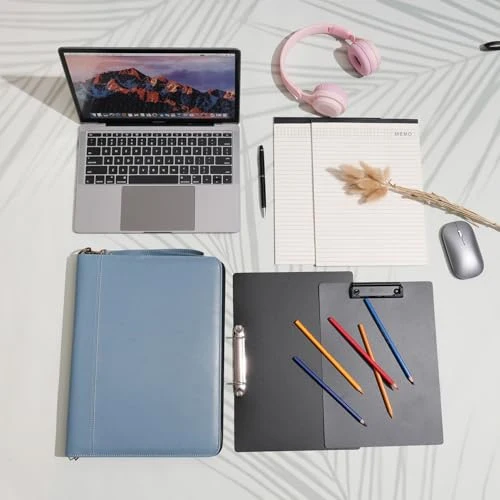 Wason A4 Reißverschluss Kunstleder Schreibmappen Padfolio mit abnehmbarem Ringbinder Portfolio und Schreibblock-Halter, Konferenzmappe mit Mehrfachtaschen für Büro Reise Schule (Nebelblau)