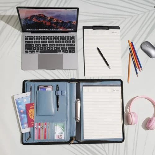 Wason A4 Reißverschluss Kunstleder Schreibmappen Padfolio mit abnehmbarem Ringbinder Portfolio und Schreibblock-Halter, Konferenzmappe mit Mehrfachtaschen für Büro Reise Schule (Nebelblau)