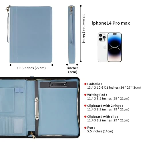Wason A4 Reißverschluss Kunstleder Schreibmappen Padfolio mit abnehmbarem Ringbinder Portfolio und Schreibblock-Halter, Konferenzmappe mit Mehrfachtaschen für Büro Reise Schule (Nebelblau)