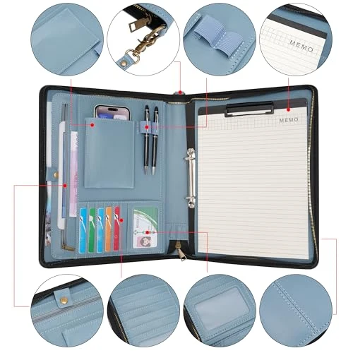 Wason A4 Reißverschluss Kunstleder Schreibmappen Padfolio mit abnehmbarem Ringbinder Portfolio und Schreibblock-Halter, Konferenzmappe mit Mehrfachtaschen für Büro Reise Schule (Nebelblau)