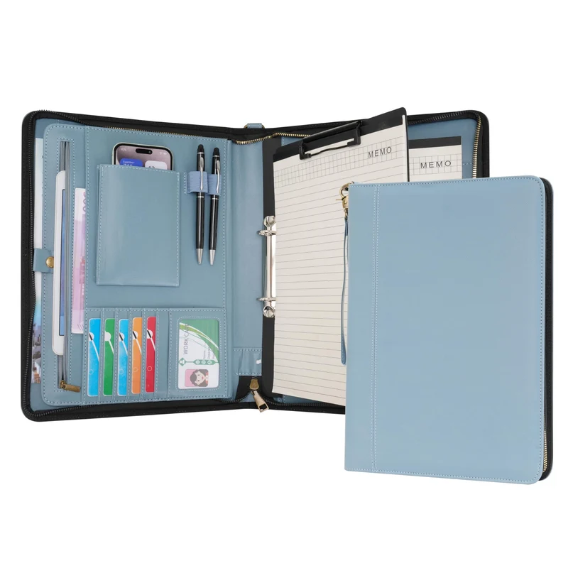 Wason A4 Reißverschluss Kunstleder Schreibmappen Padfolio mit abnehmbarem Ringbinder Portfolio und Schreibblock-Halter, Konferenzmappe mit Mehrfachtaschen für Büro Reise Schule (Nebelblau)