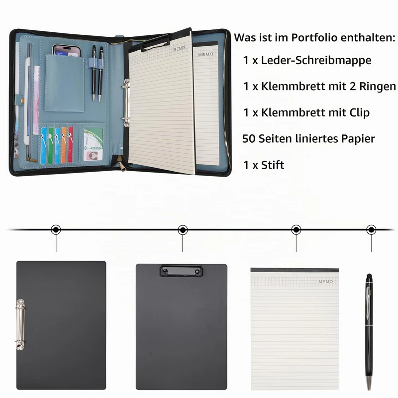 Wason A4 Reißverschluss Kunstleder Schreibmappen Padfolio mit abnehmbarem Ringbinder Portfolio und Schreibblock-Halter, Konferenzmappe mit Mehrfachtaschen für Büro Reise Schule (Nebelblau)