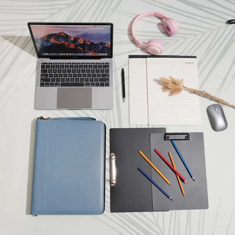 Wason A4 Reißverschluss Kunstleder Schreibmappen Padfolio mit abnehmbarem Ringbinder Portfolio und Schreibblock-Halter, Konferenzmappe mit Mehrfachtaschen für Büro Reise Schule (Nebelblau)