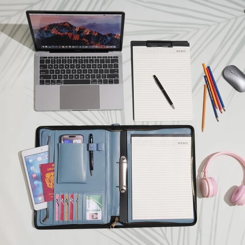 Wason A4 Reißverschluss Kunstleder Schreibmappen Padfolio mit abnehmbarem Ringbinder Portfolio und Schreibblock-Halter, Konferenzmappe mit Mehrfachtaschen für Büro Reise Schule (Nebelblau)