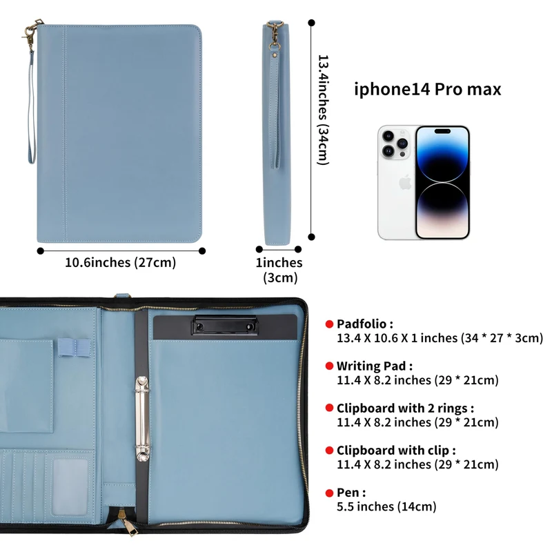 Wason A4 Reißverschluss Kunstleder Schreibmappen Padfolio mit abnehmbarem Ringbinder Portfolio und Schreibblock-Halter, Konferenzmappe mit Mehrfachtaschen für Büro Reise Schule (Nebelblau)