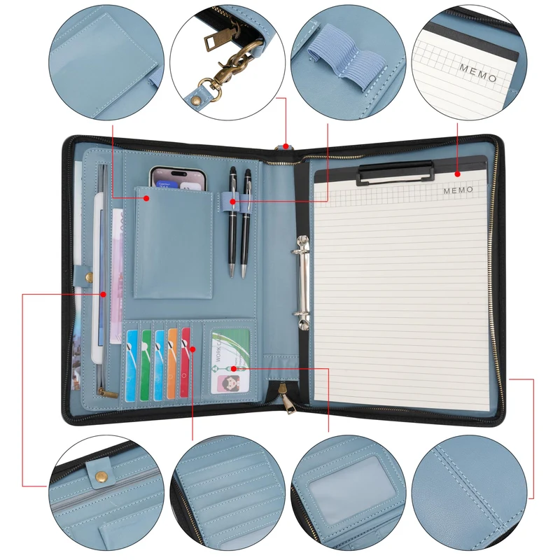 Wason A4 Reißverschluss Kunstleder Schreibmappen Padfolio mit abnehmbarem Ringbinder Portfolio und Schreibblock-Halter, Konferenzmappe mit Mehrfachtaschen für Büro Reise Schule (Nebelblau)