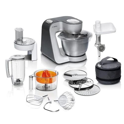 Bosch Küchenmaschine Serie 4, Schüssel 3,9 L spülmaschinenfest, Mixer 1,25 L, Fleischwolf, Zitruspresse, Knethaken, Rührbesen, Durchlaufschnitzler, 3 Scheiben, 900 W, Anthrazit/Silber, MUM56340