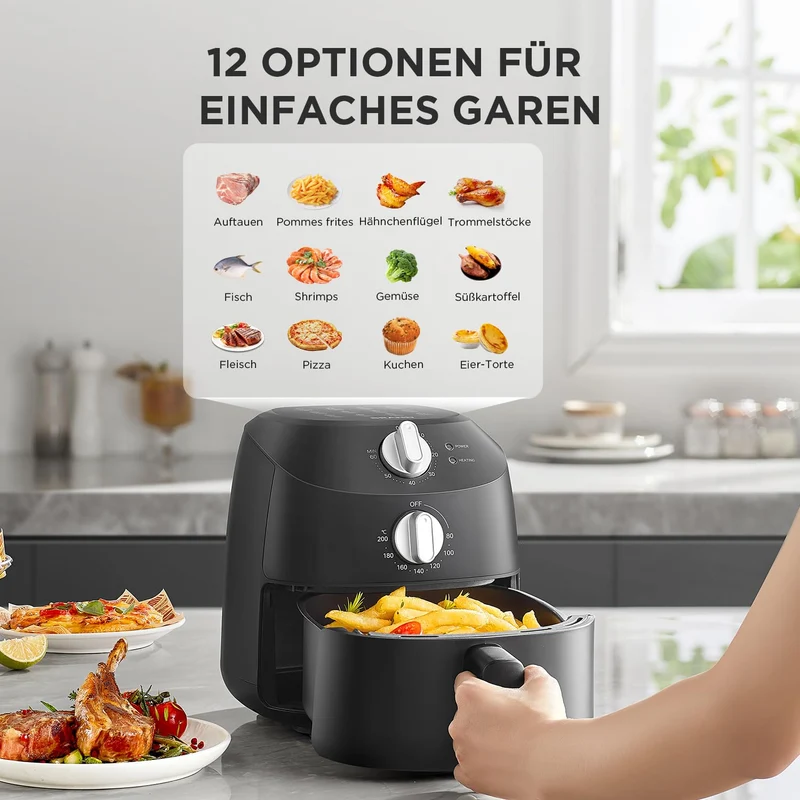 Midea Heißluftfritteuse 2L, 1150W Airfryer, Heißluft Fritteusen, Schwarz