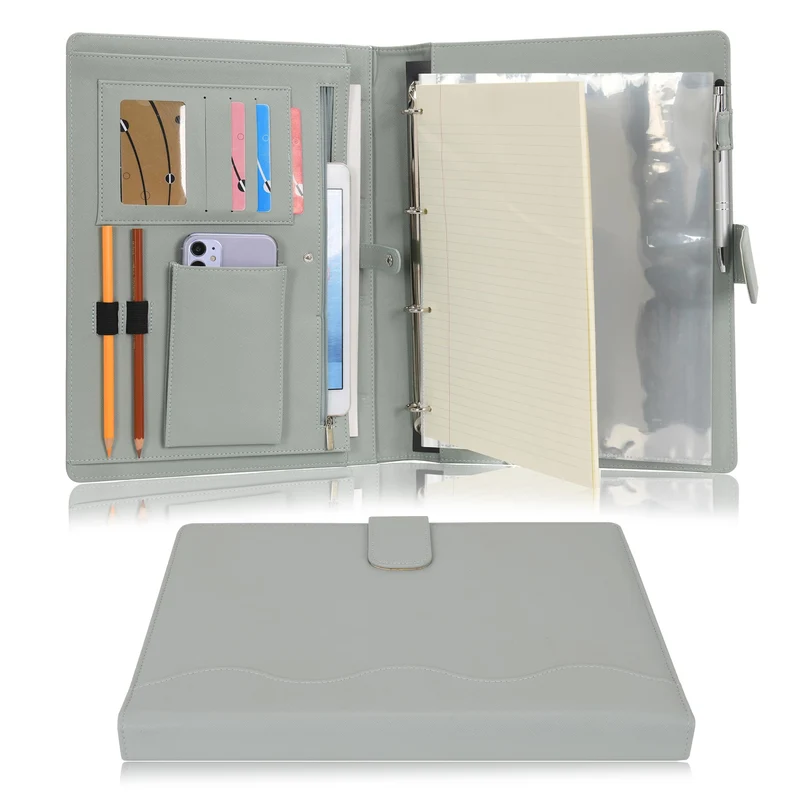 Wonderpool A4 PU Leder Ringhalter Schreibmappen Multi Dokumententasche mit Herausnehmbarem Binder Klemmbretter und funktioneller Tasche für Organizer Büro Reise Schule (Grün)