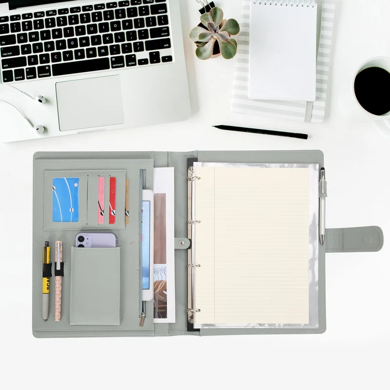Wonderpool A4 PU Leder Ringhalter Schreibmappen Multi Dokumententasche mit Herausnehmbarem Binder Klemmbretter und funktioneller Tasche für Organizer Büro Reise Schule (Grün)