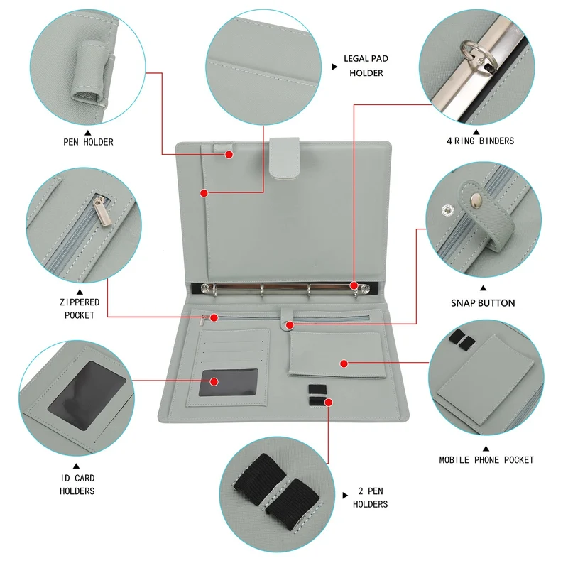 Wonderpool A4 PU Leder Ringhalter Schreibmappen Multi Dokumententasche mit Herausnehmbarem Binder Klemmbretter und funktioneller Tasche für Organizer Büro Reise Schule (Grün)