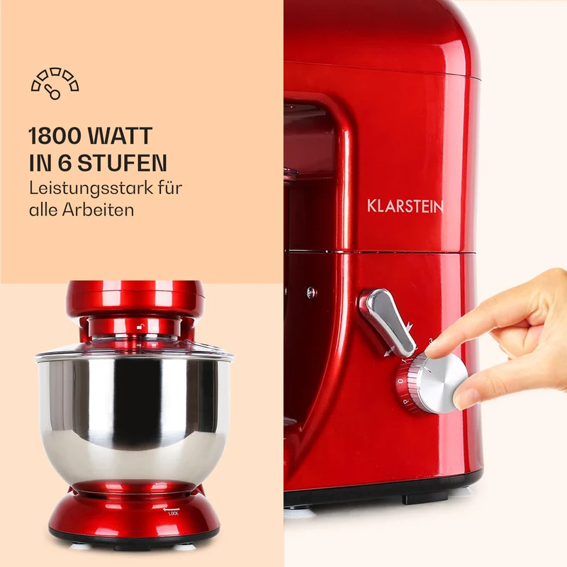 Klarstein Küchenmaschine, Knetmaschine mit 5L Schüssel, 2000W Profi Küchenmaschine mit Knethaken und Schneebesen, Universal 6 Stufen, Teigmaschine zum Rühren, Kneten und Aufschlagen