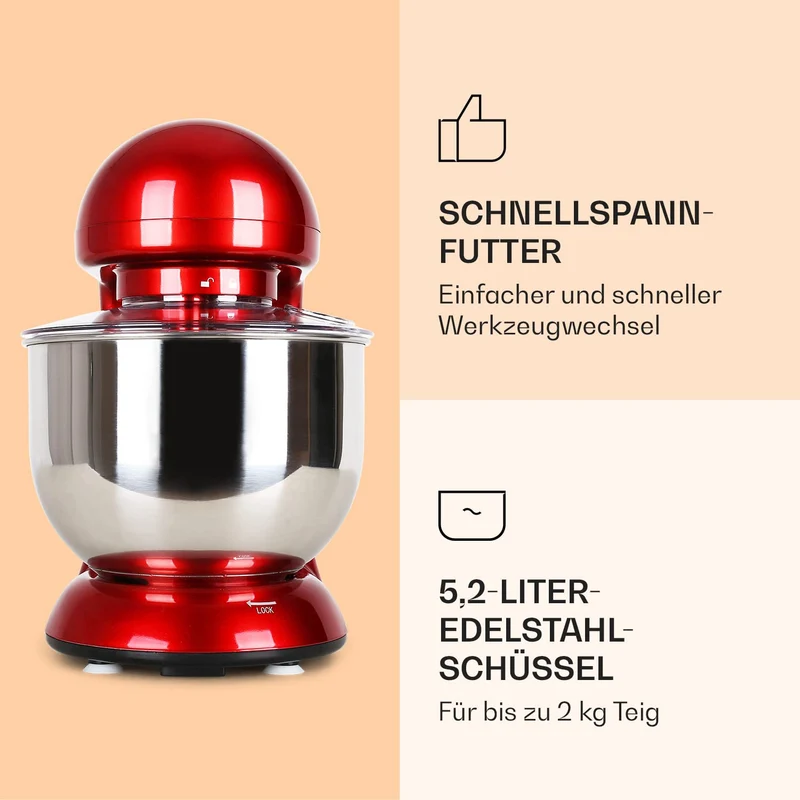 Klarstein Küchenmaschine, Knetmaschine mit 5L Schüssel, 2000W Profi Küchenmaschine mit Knethaken und Schneebesen, Universal 6 Stufen, Teigmaschine zum Rühren, Kneten und Aufschlagen
