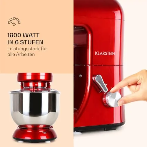 Klarstein Küchenmaschine, Knetmaschine mit 5L Schüssel, 2000W Profi Küchenmaschine mit Knethaken und Schneebesen, Universal 6 Stufen, Teigmaschine zum Rühren, Kneten und Aufschlagen