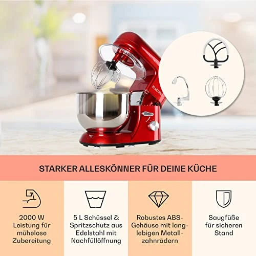 Klarstein Küchenmaschine, Knetmaschine mit 5L Schüssel, 2000W Profi Küchenmaschine mit Knethaken und Schneebesen, Universal 6 Stufen, Teigmaschine zum Rühren, Kneten und Aufschlagen