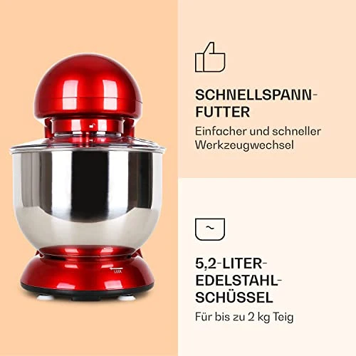 Klarstein Küchenmaschine, Knetmaschine mit 5L Schüssel, 2000W Profi Küchenmaschine mit Knethaken und Schneebesen, Universal 6 Stufen, Teigmaschine zum Rühren, Kneten und Aufschlagen