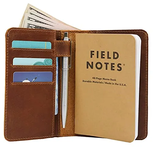 Leder-Feld-Notizbuchhülle für Notizen, Taschenformat, passend für 8,9 x 14 cm, separates Fach für , echtes genarbtes Leder, mehrere Taschen für zusätzliche Funktionalität und Stiftschlaufe