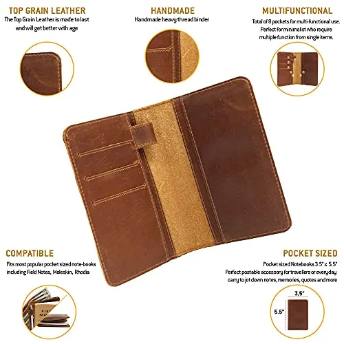 Leder-Feld-Notizbuchhülle für Notizen, Taschenformat, passend für 8,9 x 14 cm, separates Fach für , echtes genarbtes Leder, mehrere Taschen für zusätzliche Funktionalität und Stiftschlaufe
