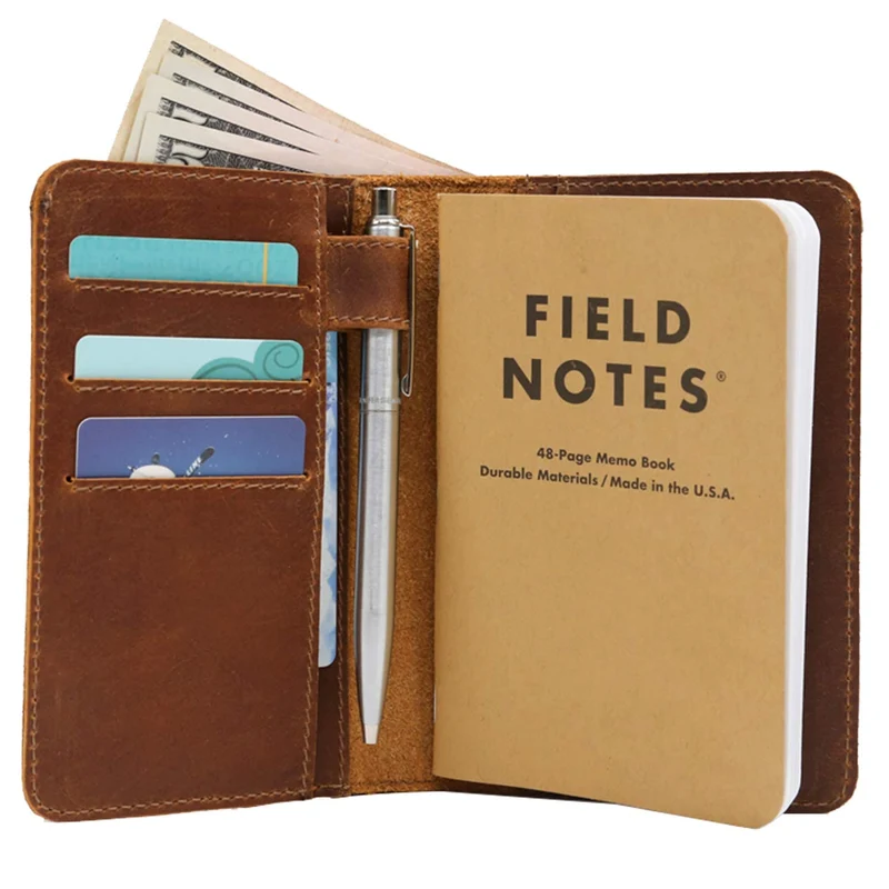 Leder-Feld-Notizbuchhülle für Notizen, Taschenformat, passend für 8,9 x 14 cm, separates Fach für , echtes genarbtes Leder, mehrere Taschen für zusätzliche Funktionalität und Stiftschlaufe