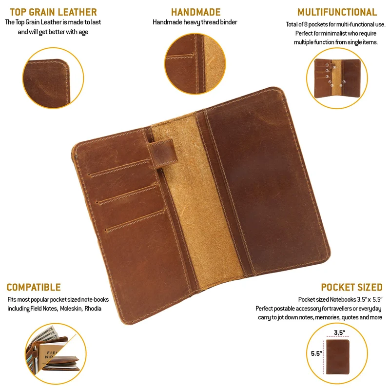 Leder-Feld-Notizbuchhülle für Notizen, Taschenformat, passend für 8,9 x 14 cm, separates Fach für , echtes genarbtes Leder, mehrere Taschen für zusätzliche Funktionalität und Stiftschlaufe
