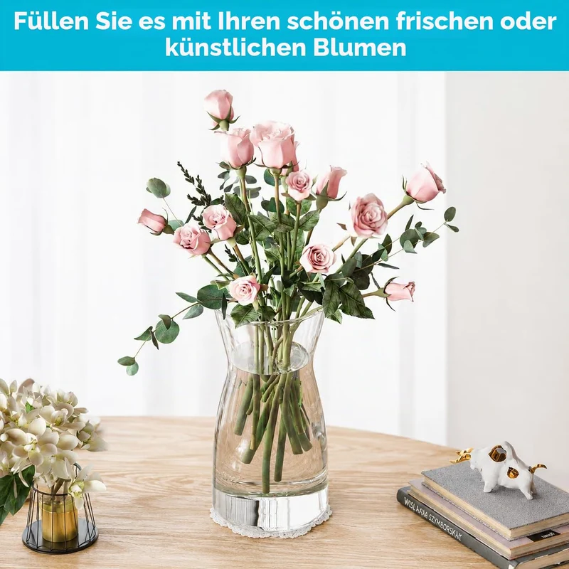 Glasvase – Handgefertigte, durchsichtige Blumenvase aus Glas, Vase 20 cm hoch für Blumensträuße, Tulpen & Pampasgras, Moderne Deko Vase als Tischvase für Zuhause, Hochzeit & besondere Anlässe