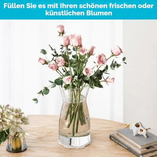 Glasvase – Handgefertigte, durchsichtige Blumenvase aus Glas, Vase 20 cm hoch für Blumensträuße, Tulpen & Pampasgras, Moderne Deko Vase als Tischvase für Zuhause, Hochzeit & besondere Anlässe