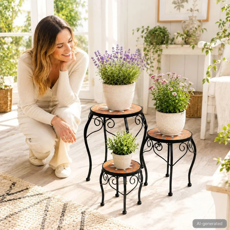 DanDiBo Blumenständer Mosaik Rund 3er Set 12014 Pflanzenständer für Draußen Blumenhocker Outdoor Beistelltisch Pflanzenhocker