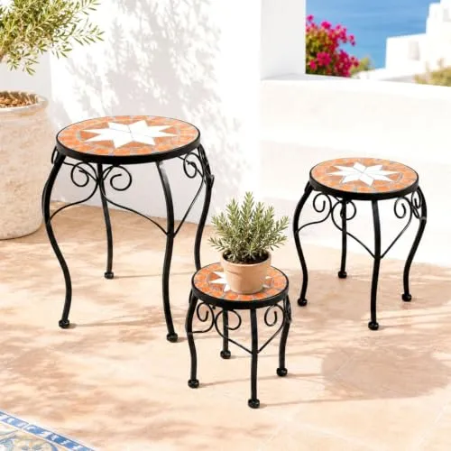 DanDiBo Blumenständer Mosaik Rund 3er Set 12014 Pflanzenständer für Draußen Blumenhocker Outdoor Beistelltisch Pflanzenhocker