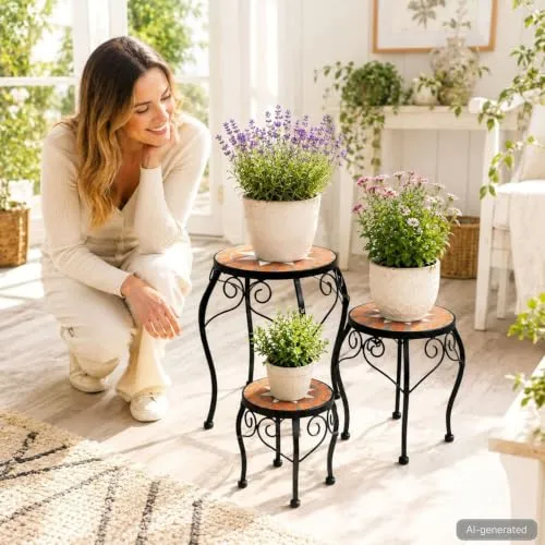 DanDiBo Blumenständer Mosaik Rund 3er Set 12014 Pflanzenständer für Draußen Blumenhocker Outdoor Beistelltisch Pflanzenhocker