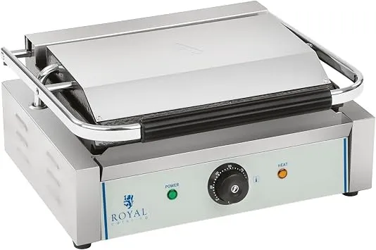 Royal Catering RCKG-2200-G Kontaktgrill Elektrogrill Panini Grill (2200 W, 230 V, Fettauffangschale, Grillplatte Geriffelt)