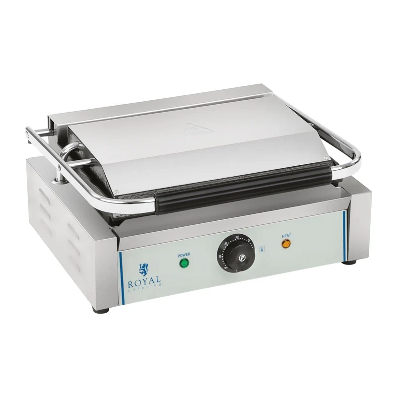 Royal Catering RCKG-2200-G Kontaktgrill Elektrogrill Panini Grill (2200 W, 230 V, Fettauffangschale, Grillplatte Geriffelt)