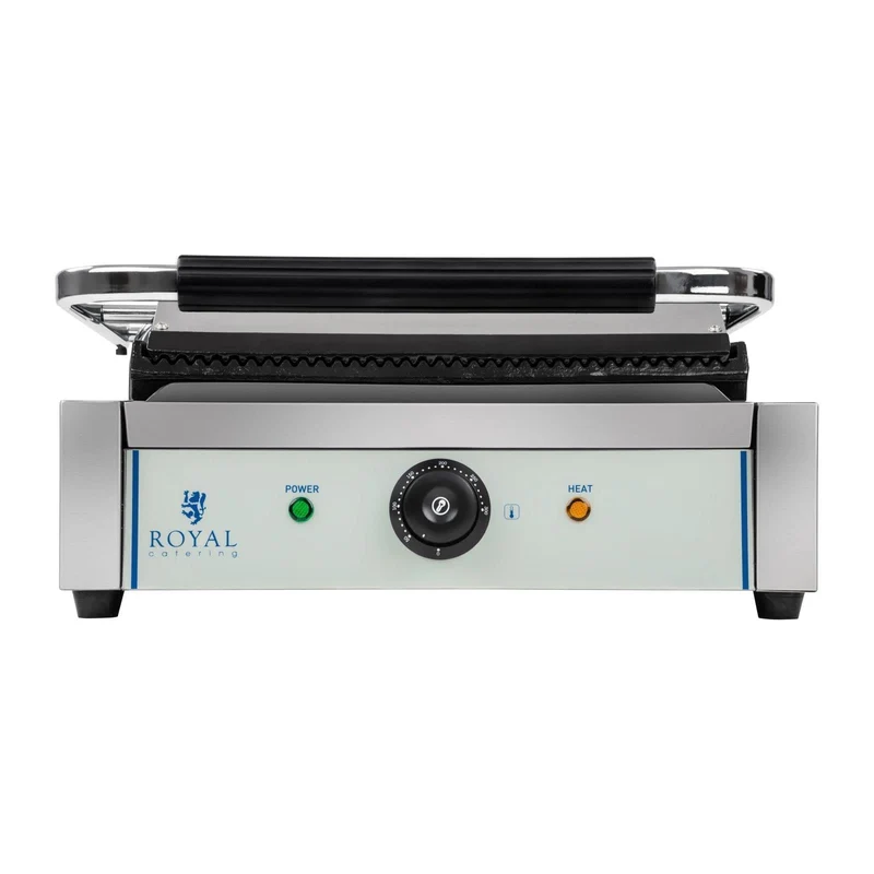 Royal Catering RCKG-2200-G Kontaktgrill Elektrogrill Panini Grill (2200 W, 230 V, Fettauffangschale, Grillplatte Geriffelt)