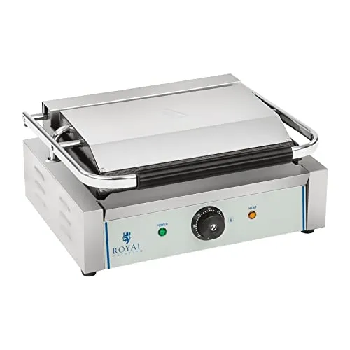 Royal Catering RCKG-2200-G Kontaktgrill Elektrogrill Panini Grill (2200 W, 230 V, Fettauffangschale, Grillplatte Geriffelt)