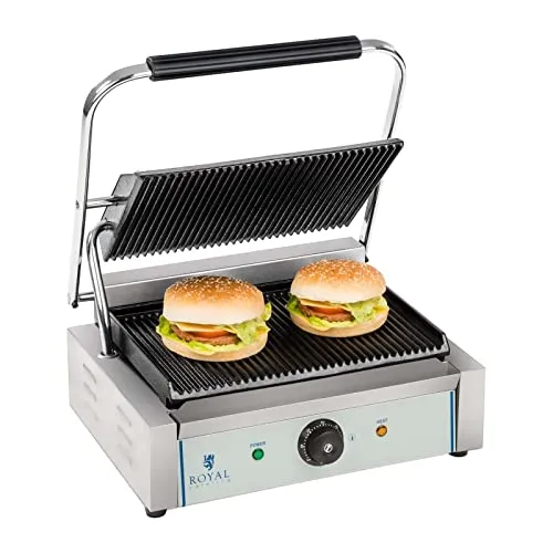 Royal Catering RCKG-2200-G Kontaktgrill Elektrogrill Panini Grill (2200 W, 230 V, Fettauffangschale, Grillplatte Geriffelt)