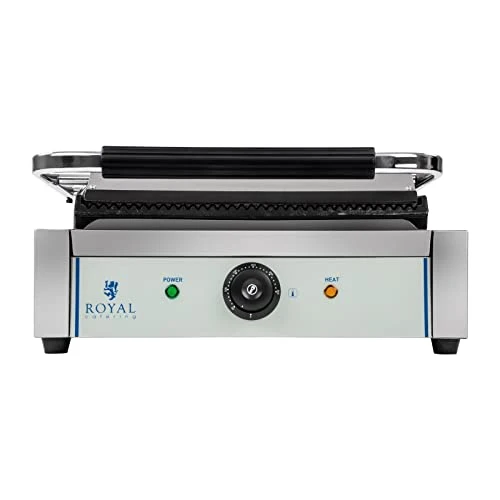 Royal Catering RCKG-2200-G Kontaktgrill Elektrogrill Panini Grill (2200 W, 230 V, Fettauffangschale, Grillplatte Geriffelt)