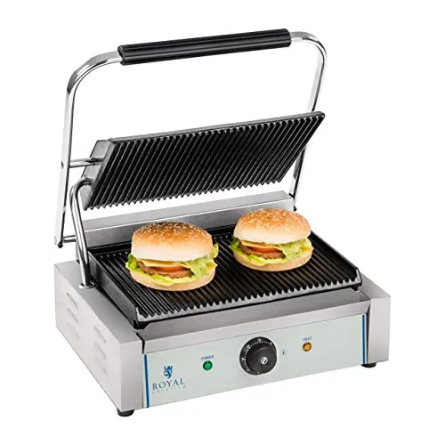 Royal Catering RCKG-2200-G Kontaktgrill Elektrogrill Panini Grill (2200 W, 230 V, Fettauffangschale, Grillplatte Geriffelt)