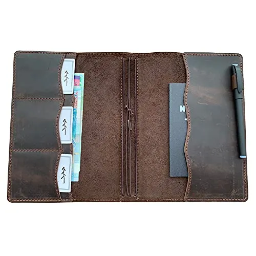 newestor Travelers Notebook Cover with Inner Pockets, Card Slots and Pen Holder, A5, Dark Brown