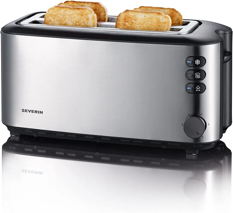 Severin Doppel-Langschlitztoaster mit eingebautem Brötchen-Aufsatz, für 4 Brotscheiben, Brotscheibenzentrierung, Aufwärm- und Defroster-Stufe, Edelstahl gebürstet, schwarz, 1.400 W, AT 2509