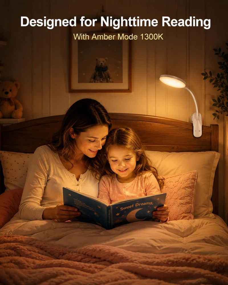 Leselampe Bett mit Bernsteinlicht, Klemmlampe mit 6 Farben 5 Helligkeiten