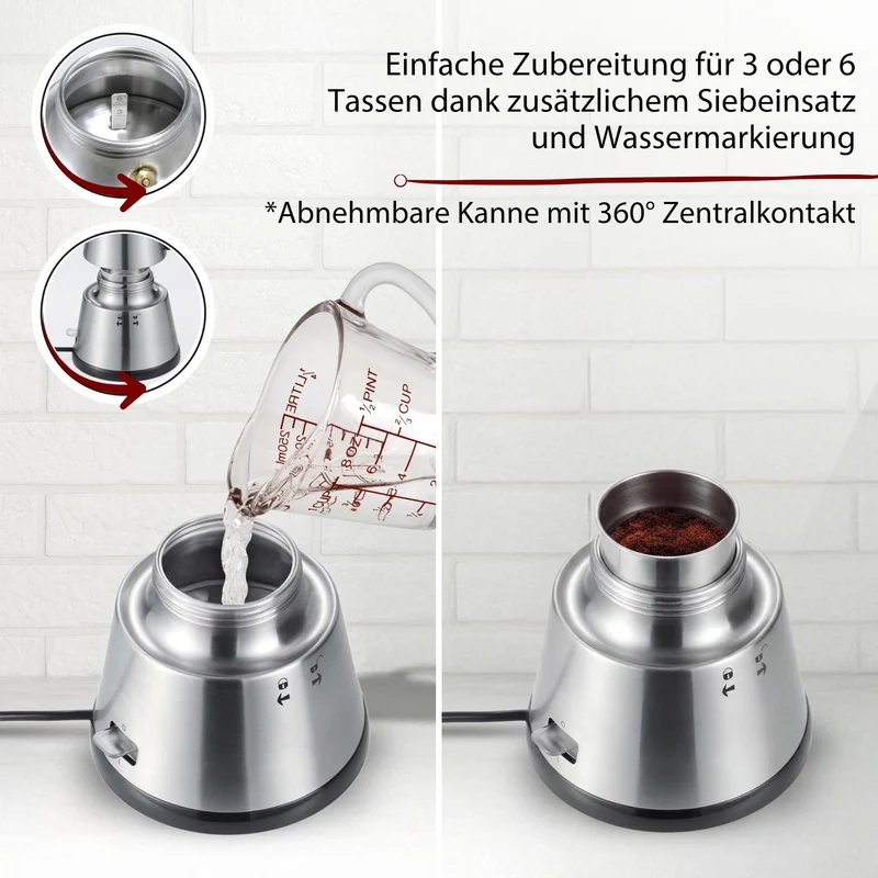 Cloer 5928 Moka Maker, "Espressokocher elektrisch", 3-6 Tassen, Edelstahleinsatz, Sicherheitsabschaltung, Sicherheitsventil, An-/Ausschalter, 365 W, Edelstahl