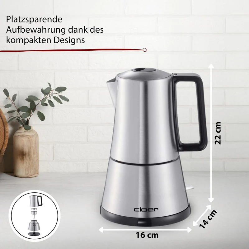 Cloer 5928 Moka Maker, "Espressokocher elektrisch", 3-6 Tassen, Edelstahleinsatz, Sicherheitsabschaltung, Sicherheitsventil, An-/Ausschalter, 365 W, Edelstahl
