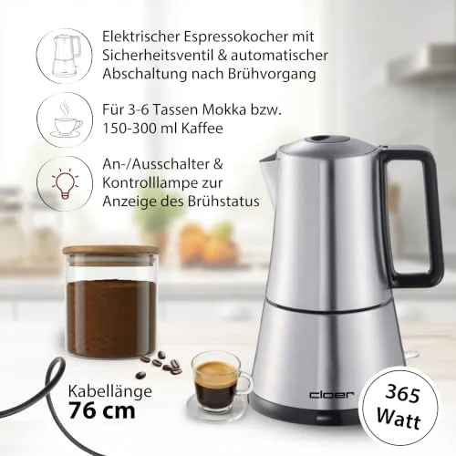 Cloer 5928 Moka Maker, "Espressokocher elektrisch", 3-6 Tassen, Edelstahleinsatz, Sicherheitsabschaltung, Sicherheitsventil, An-/Ausschalter, 365 W, Edelstahl