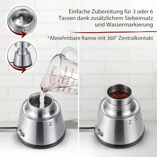 Cloer 5928 Moka Maker, "Espressokocher elektrisch", 3-6 Tassen, Edelstahleinsatz, Sicherheitsabschaltung, Sicherheitsventil, An-/Ausschalter, 365 W, Edelstahl